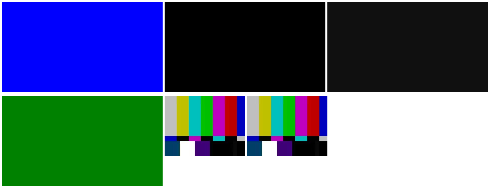 2x3 grid of synthetic test frames: solid blue, solid black, near-black, solid green, and two SMPTE color-bar frames